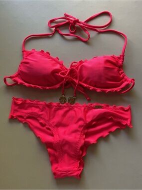 Luli Fama Cosita Buena Wavy Funnel Cheeky Bikini Set in Bombshell Red, Size XS